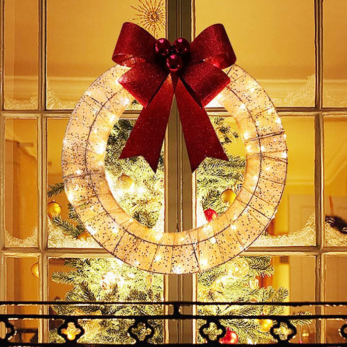 Hollevo Kerstkrans met verlichting en grote strik, 50 cm – 140 leds