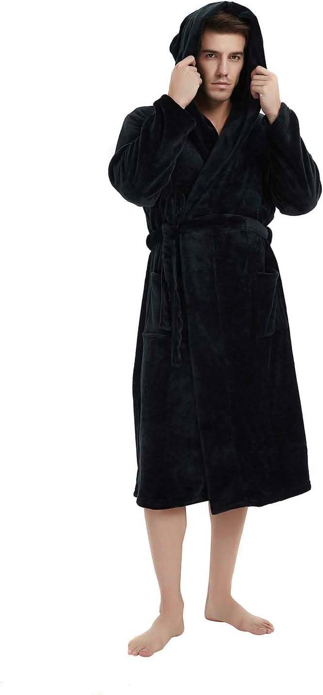 Fleece badjas voor heren met capuchon, ceintuur en zakken