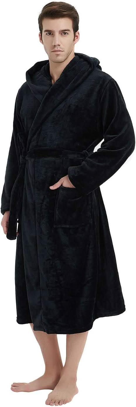 Fleece badjas voor heren met capuchon, ceintuur en zakken