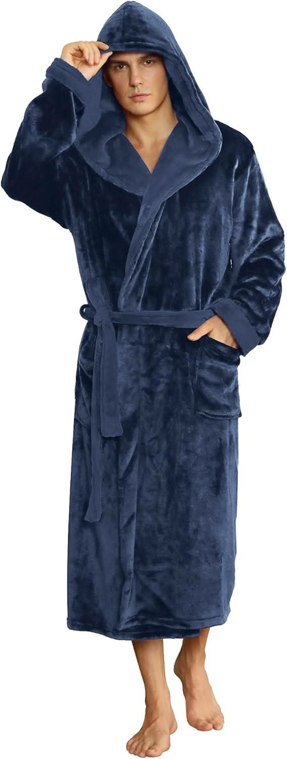 Fleece badjas voor heren met capuchon, ceintuur en zakken