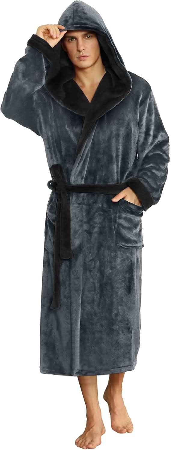 Fleece badjas voor heren met capuchon, ceintuur en zakken