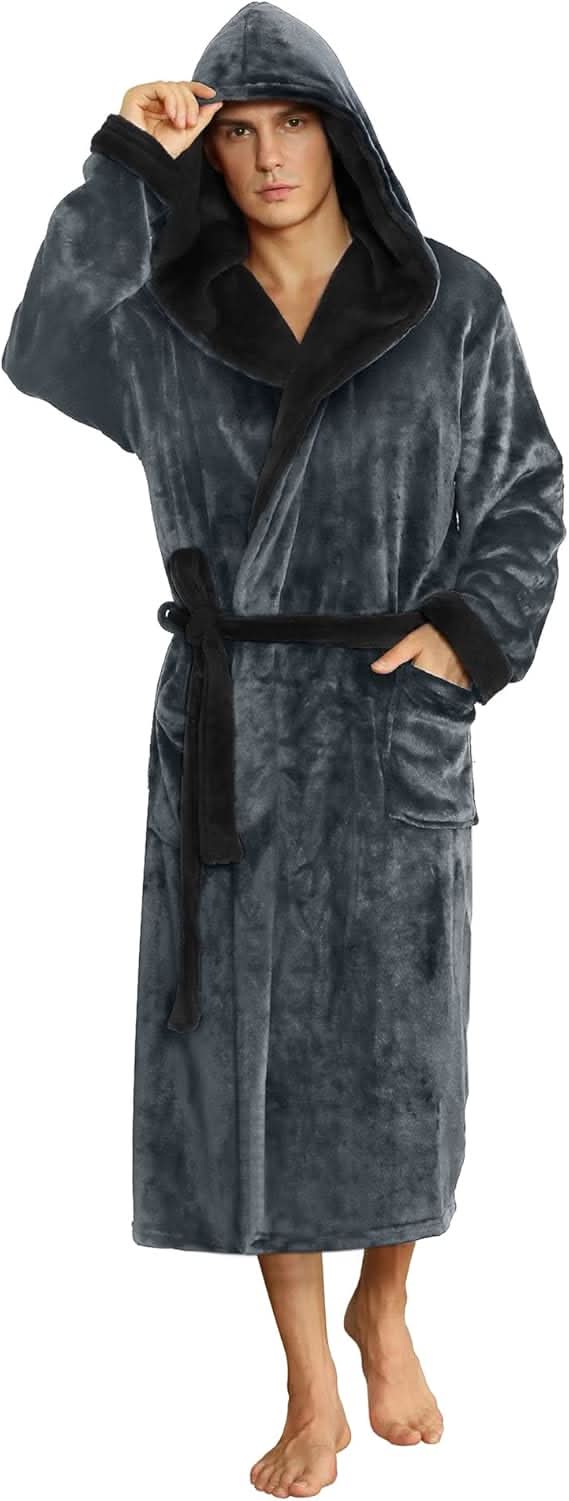 Fleece badjas voor heren met capuchon, ceintuur en zakken