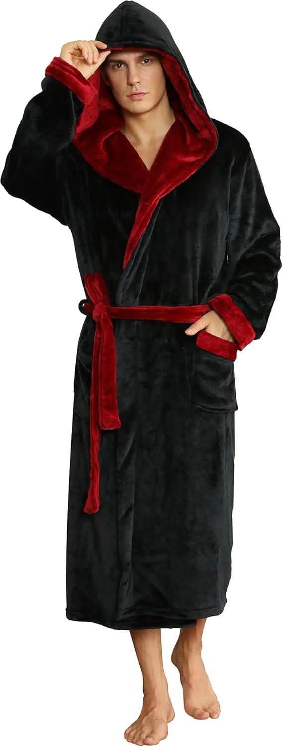 Fleece badjas voor heren met capuchon, ceintuur en zakken