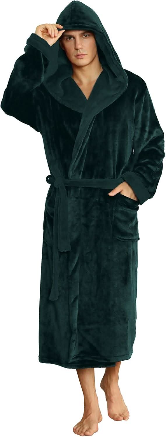 Fleece badjas voor heren met capuchon, ceintuur en zakken