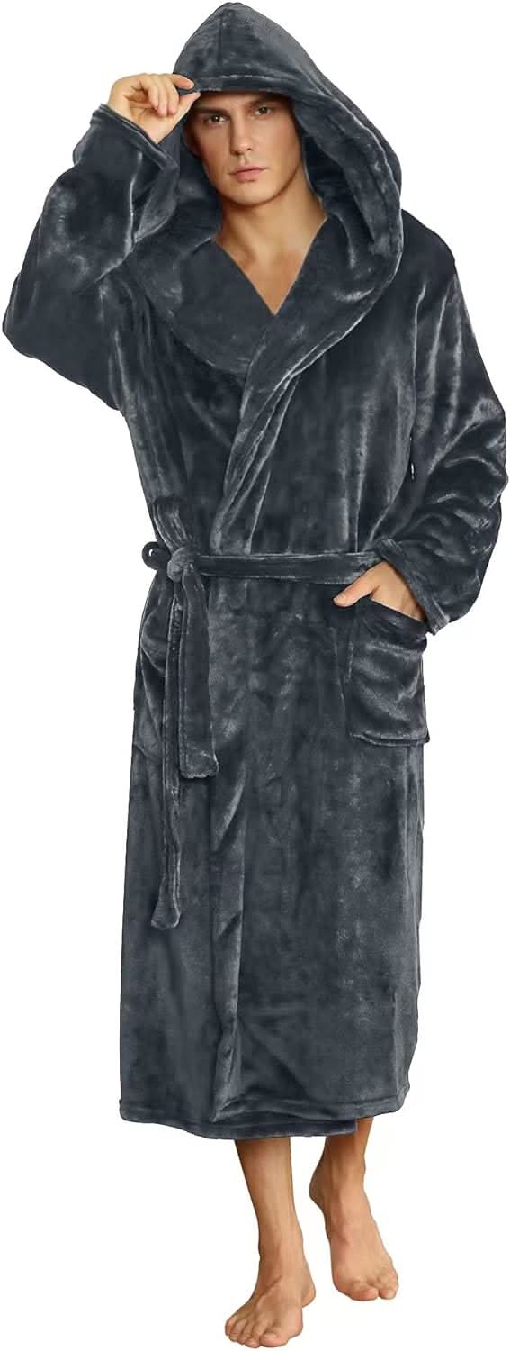 Fleece badjas voor heren met capuchon, ceintuur en zakken