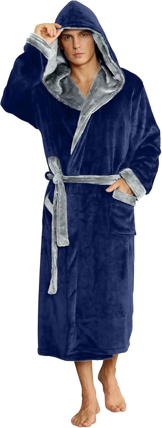 Fleece badjas voor heren met capuchon, ceintuur en zakken
