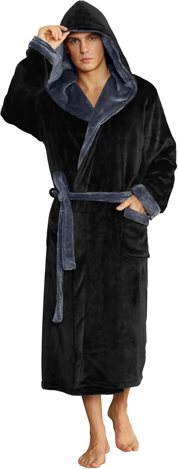 Fleece badjas voor heren met capuchon, ceintuur en zakken