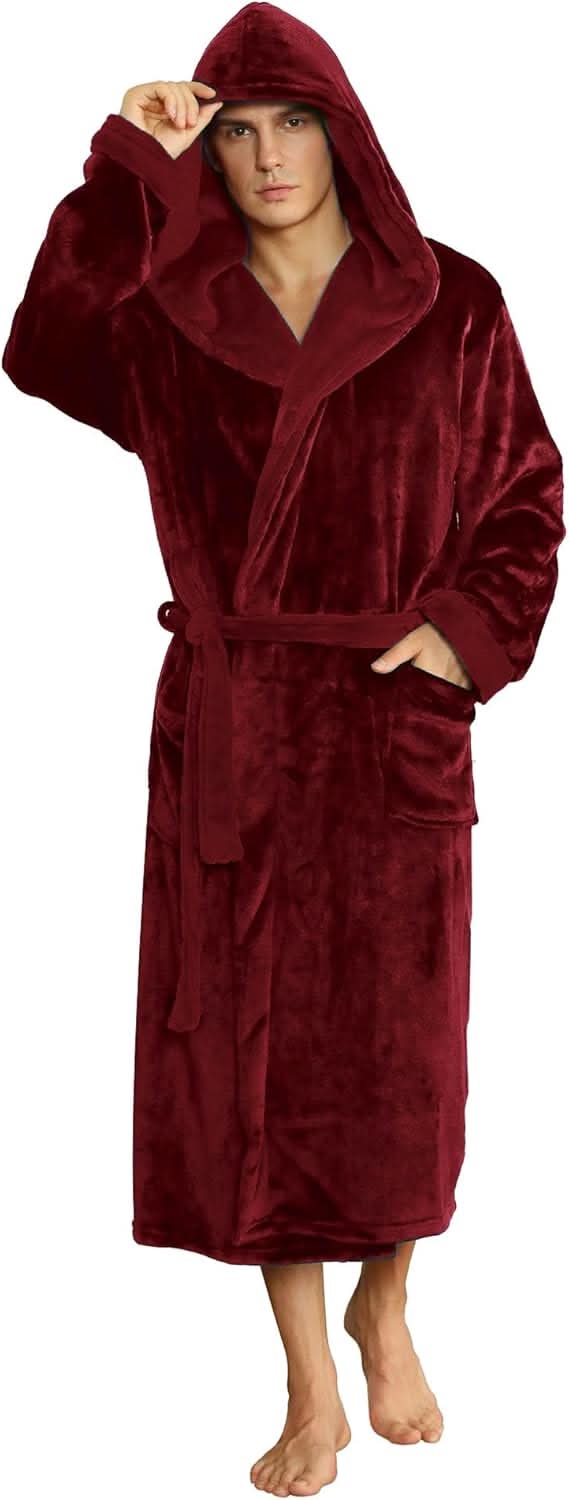 Fleece badjas voor heren met capuchon, ceintuur en zakken