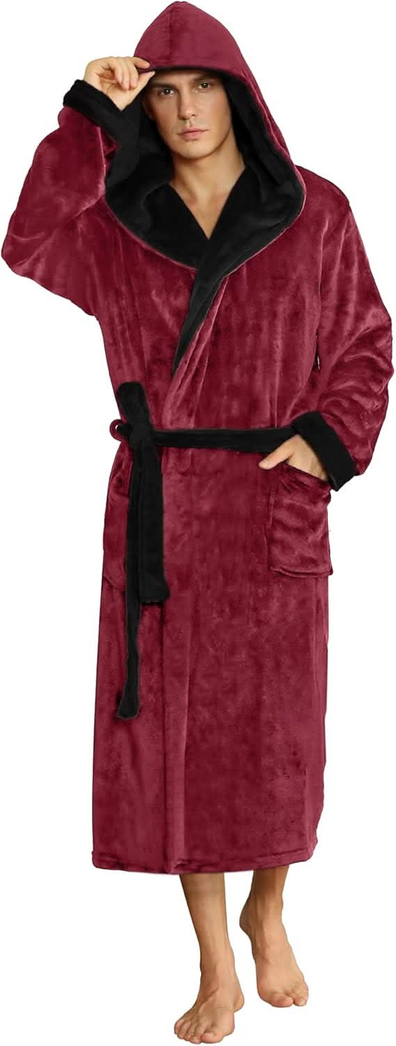 Fleece badjas voor heren met capuchon, ceintuur en zakken