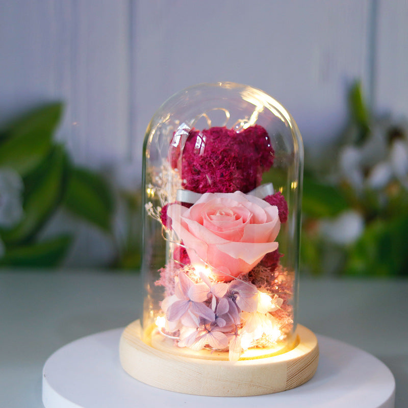 Eeuwige roos met teddybeer in glazen stolp en led-licht