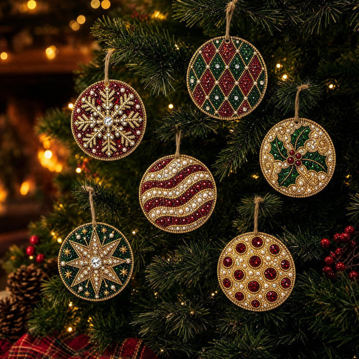 Zes houten kerstballen met diamond painting