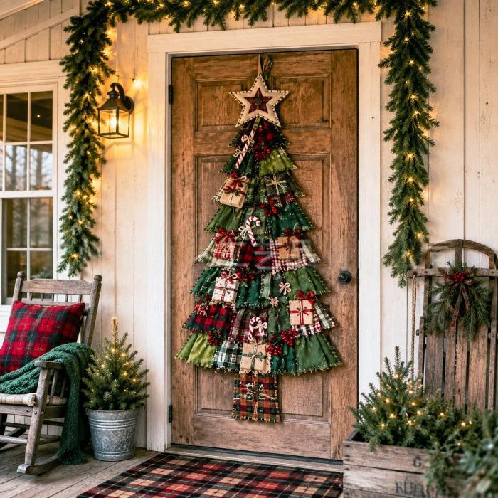 Hollevo Grote kerstboom deurhanger met patchworkprint