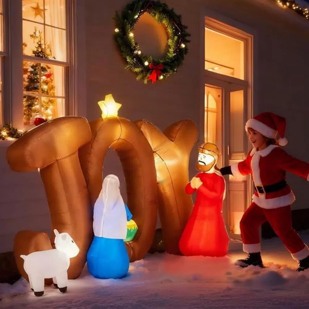 Opblaasbare kerststal met JOY-letters