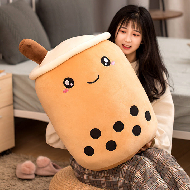 Bruine bubble tea knuffel met geborduurd gezicht