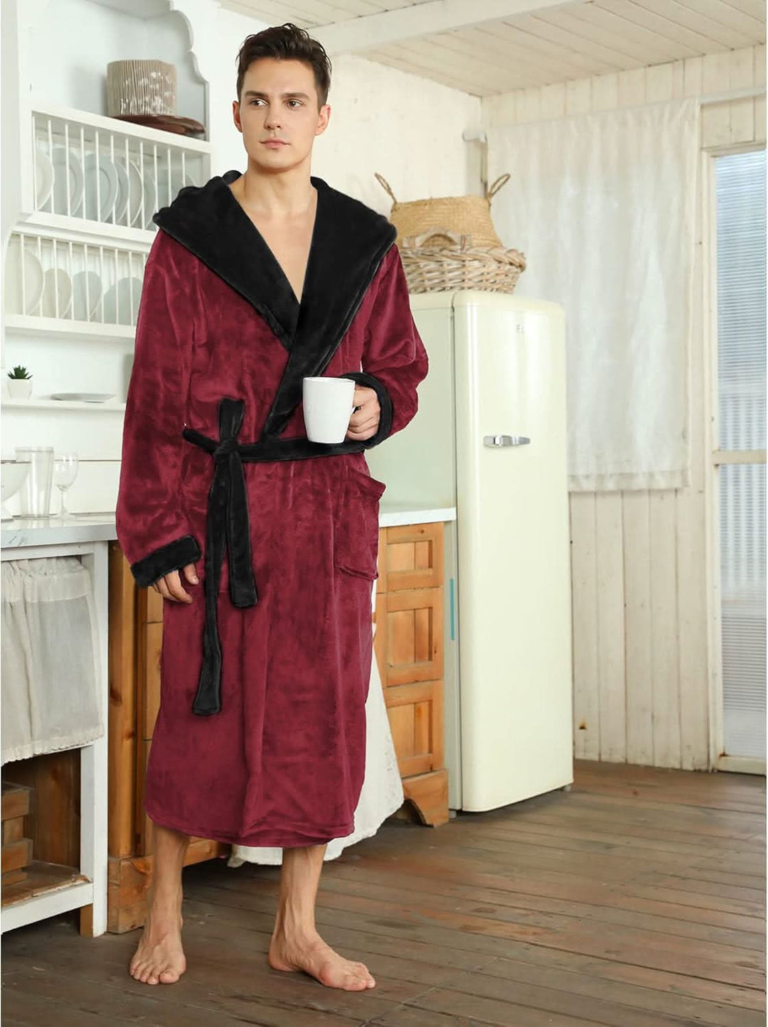 Fleece badjas voor heren met capuchon, ceintuur en zakken