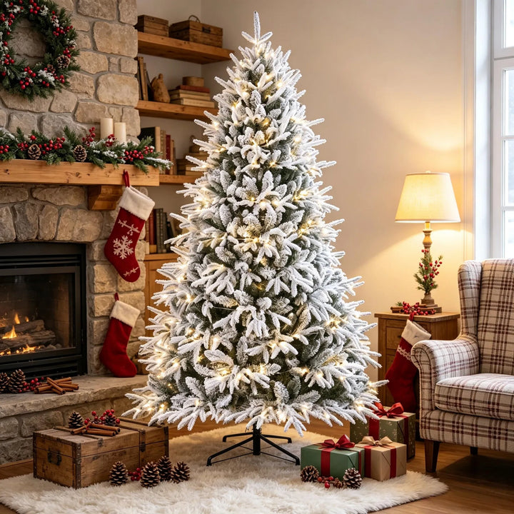 Extra volle besneeuwde kerstboom met lichtjes