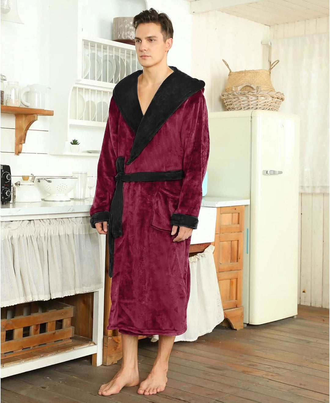 Fleece badjas voor heren met capuchon, ceintuur en zakken