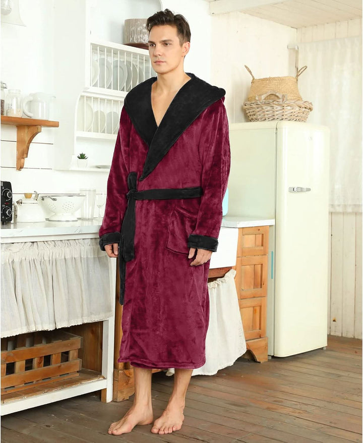 Fleece badjas voor heren met capuchon, ceintuur en zakken