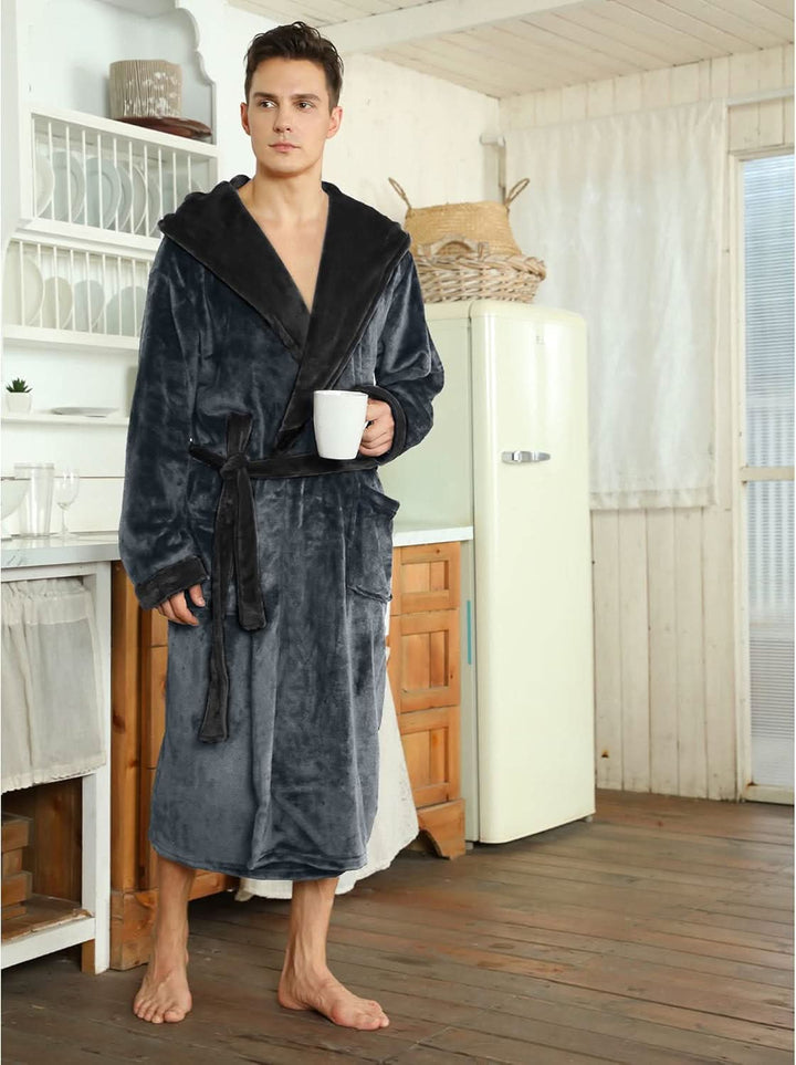 Fleece badjas voor heren met capuchon, ceintuur en zakken