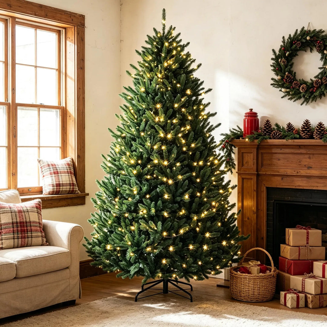 Volle kerstboom met gekleurde en warme lampjes