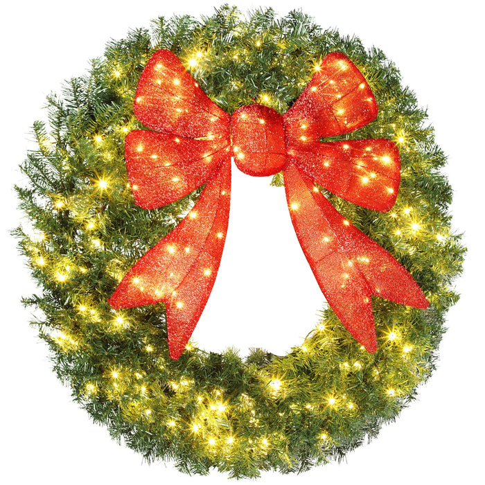Hollevo Grote verlichte kerstkrans van 122 cm met rode strik