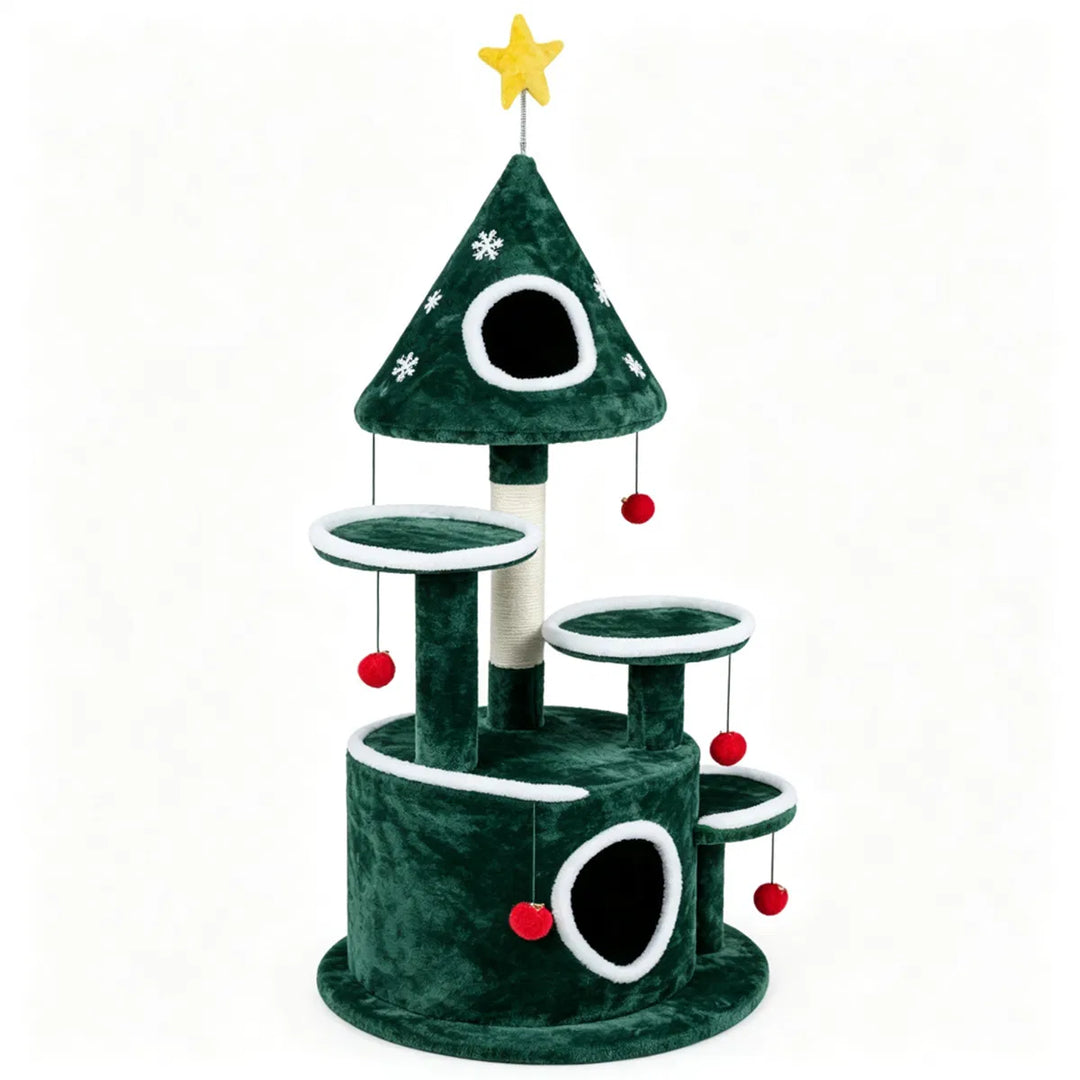 Kattenboom met kerstversiering en speeltjes
