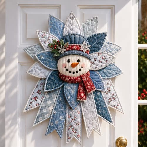 Grote patchwork kerstster met sneeuwpop aan deur