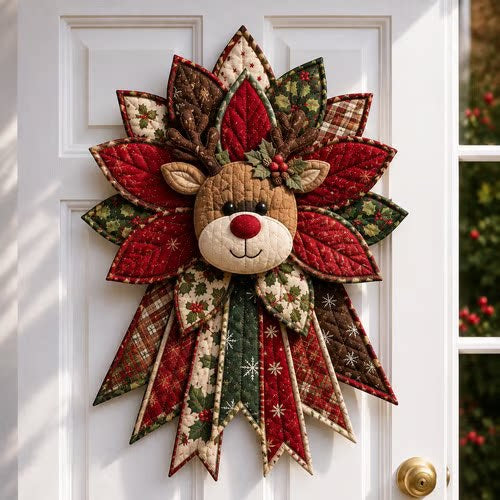 Grote patchwork kerstster met sneeuwpop aan deur