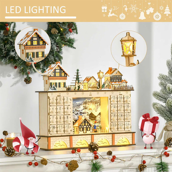 Hollevo Houten adventskalender kerstdorp met leds en 24 laatjes