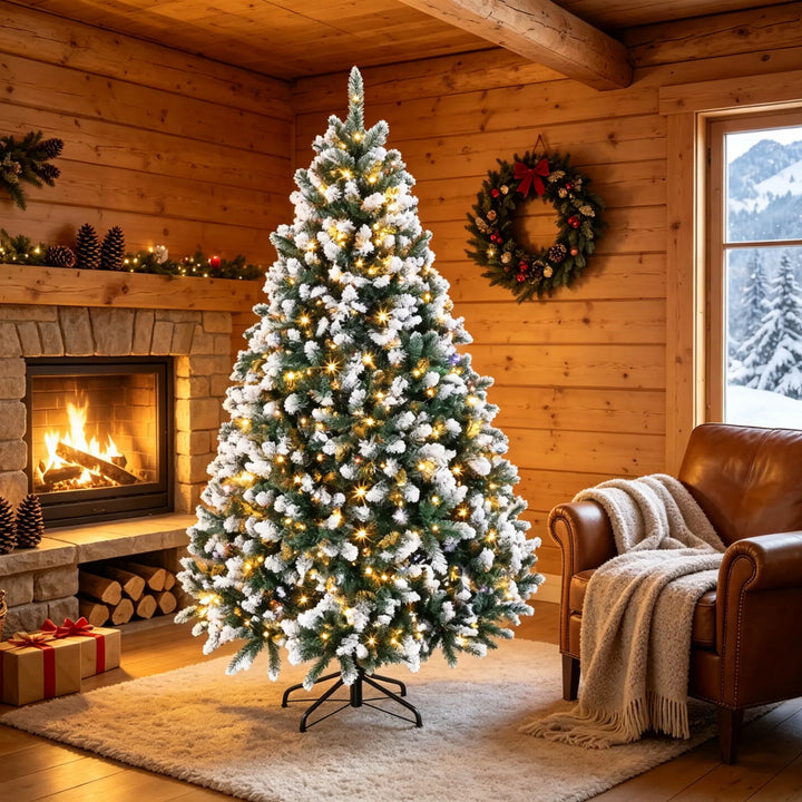 Volle kerstboom met witte puntjes en lichtjes