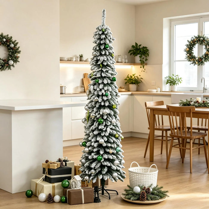 Hollevo Besneeuwde smalle kerstboom 213 cm zonder lampjes
