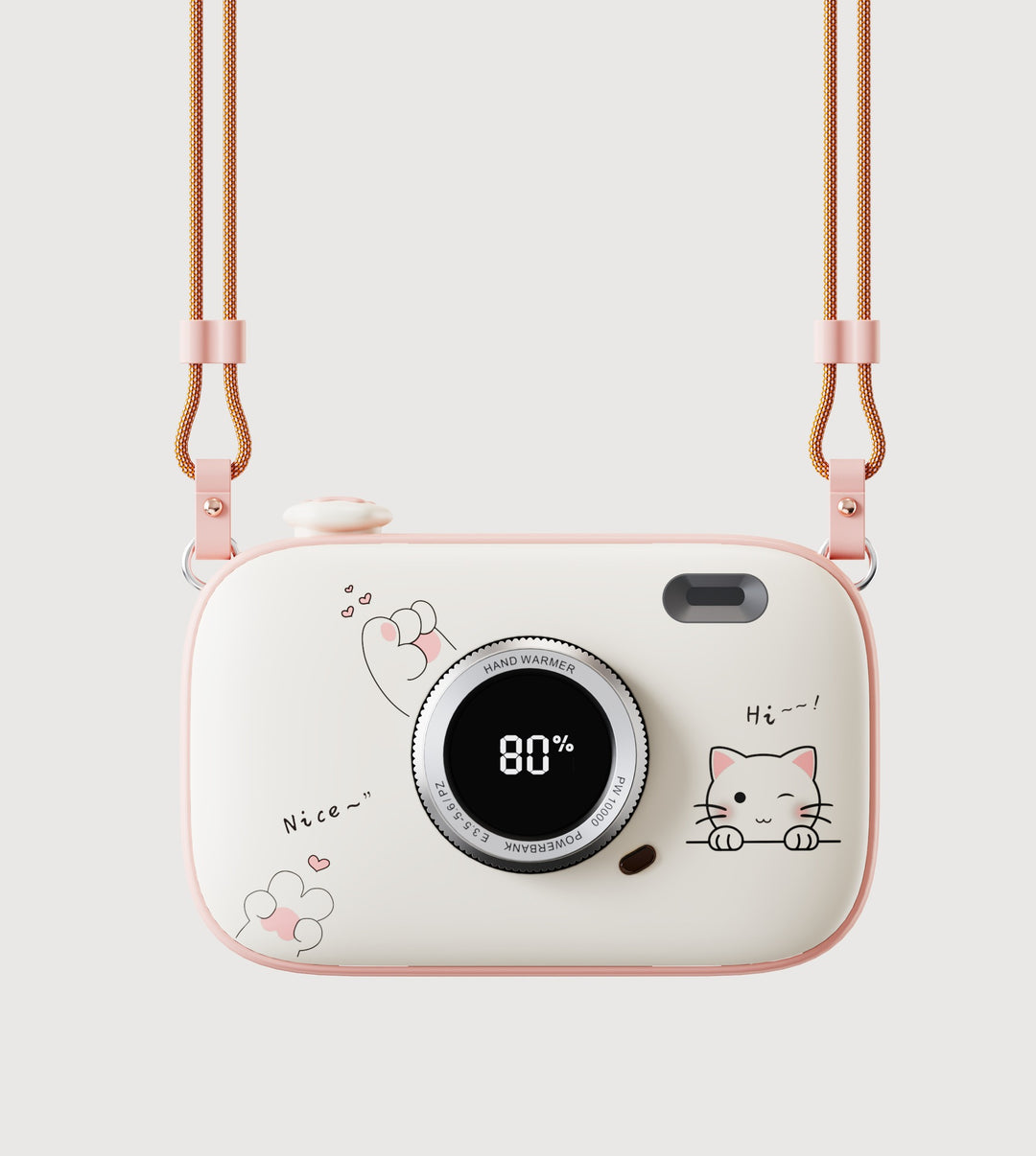 Roze handwarmer in cameravorm aan koord