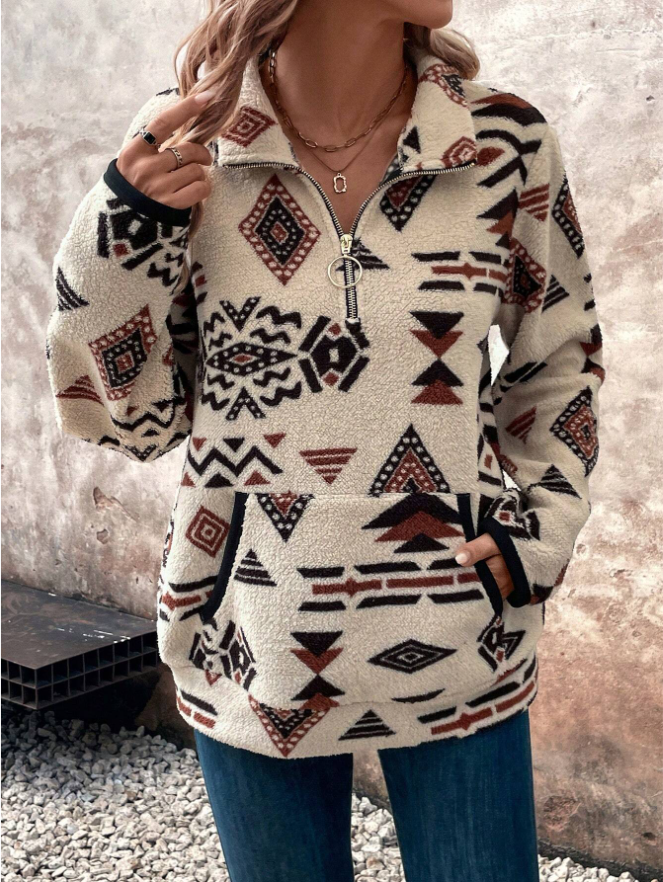Hollevo Fleece trui met halve rits, buidelzak en print
