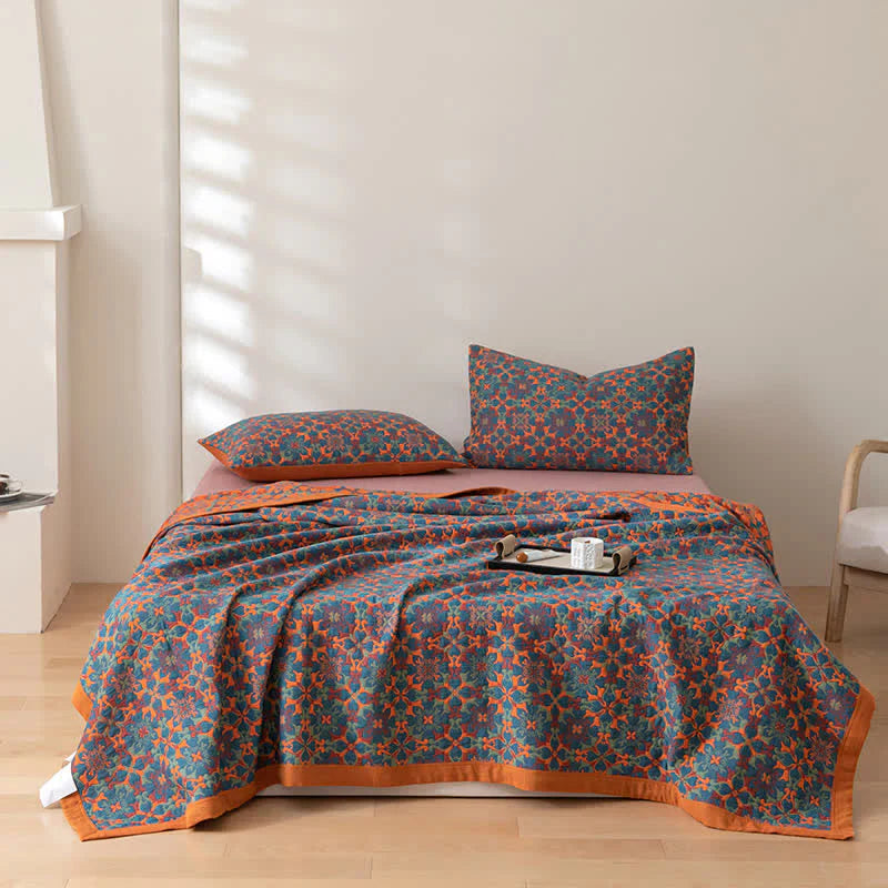 Zeslaagse katoenen deken met oranje-blauw patroon