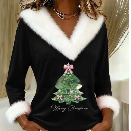 Vrouw in kersttop met bontkraag