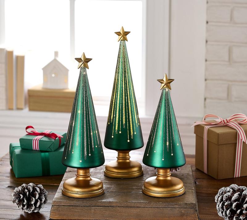 Set van 3 lichtgevende led-kerstboompjes met ingebouwde timer