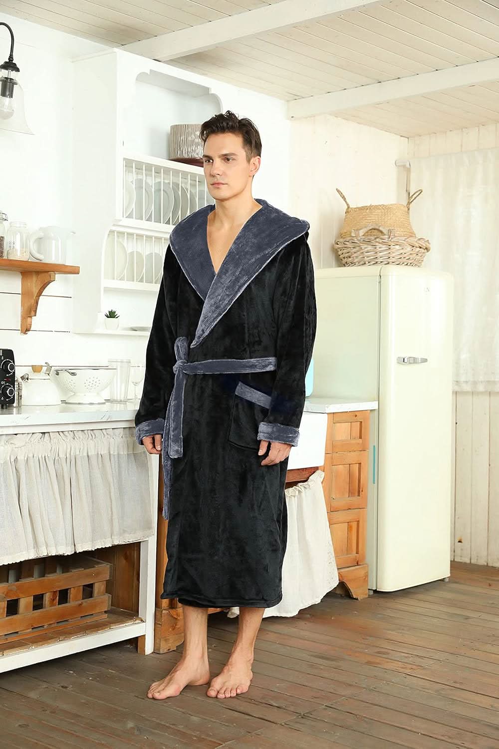 Fleece badjas voor heren met capuchon, ceintuur en zakken