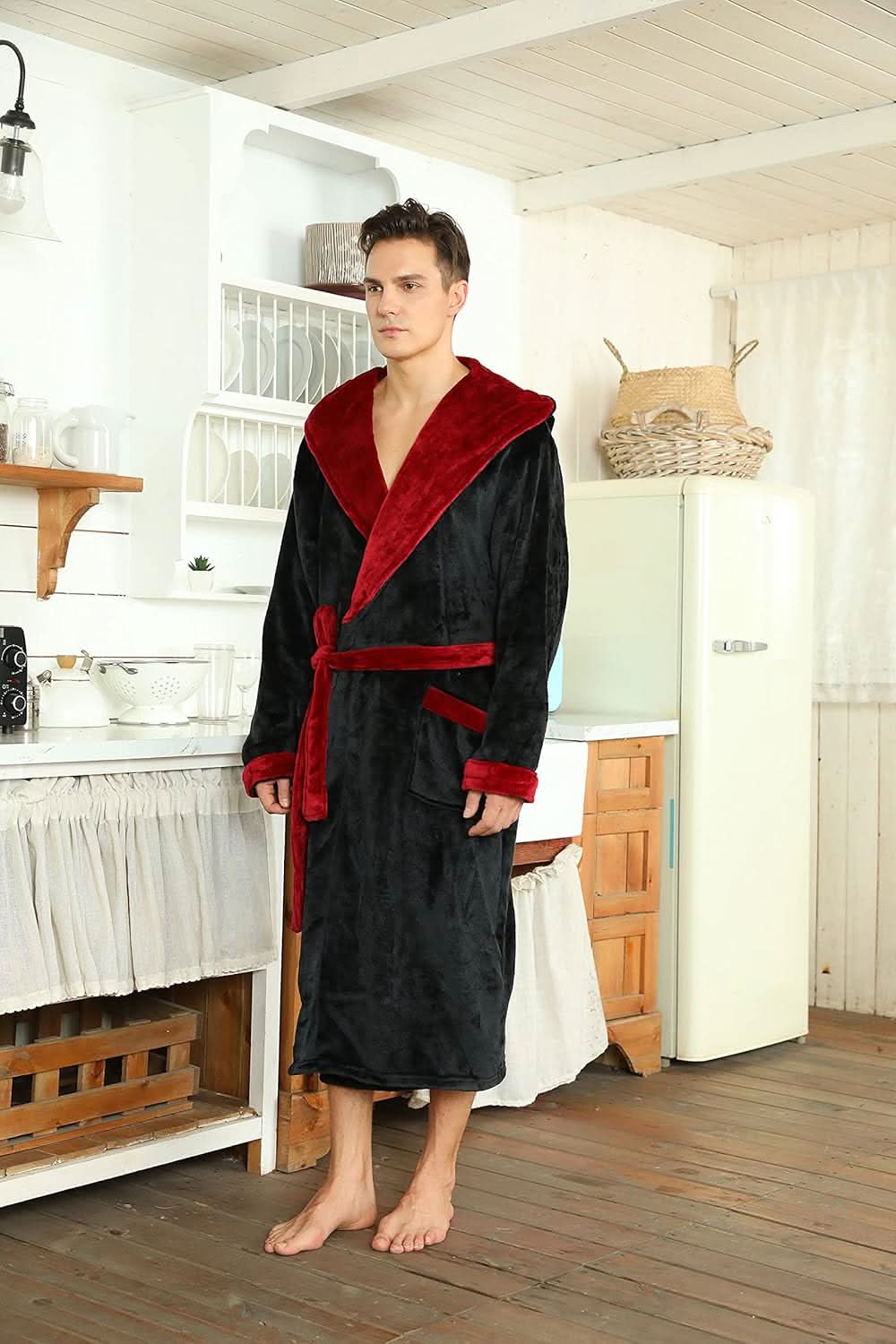 Fleece badjas voor heren met capuchon, ceintuur en zakken