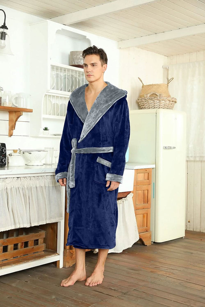 Fleece badjas voor heren met capuchon, ceintuur en zakken