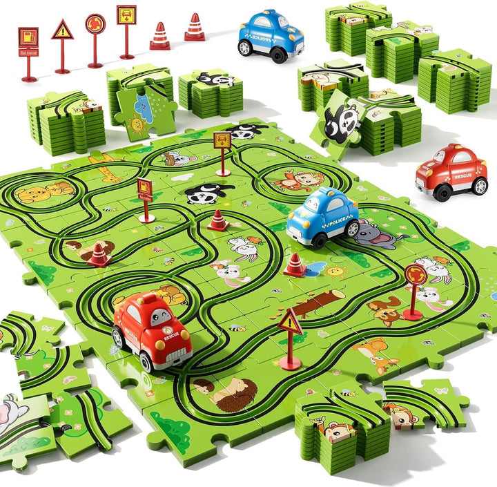 Puzzel racebaan met dierenmotief en twee auto&