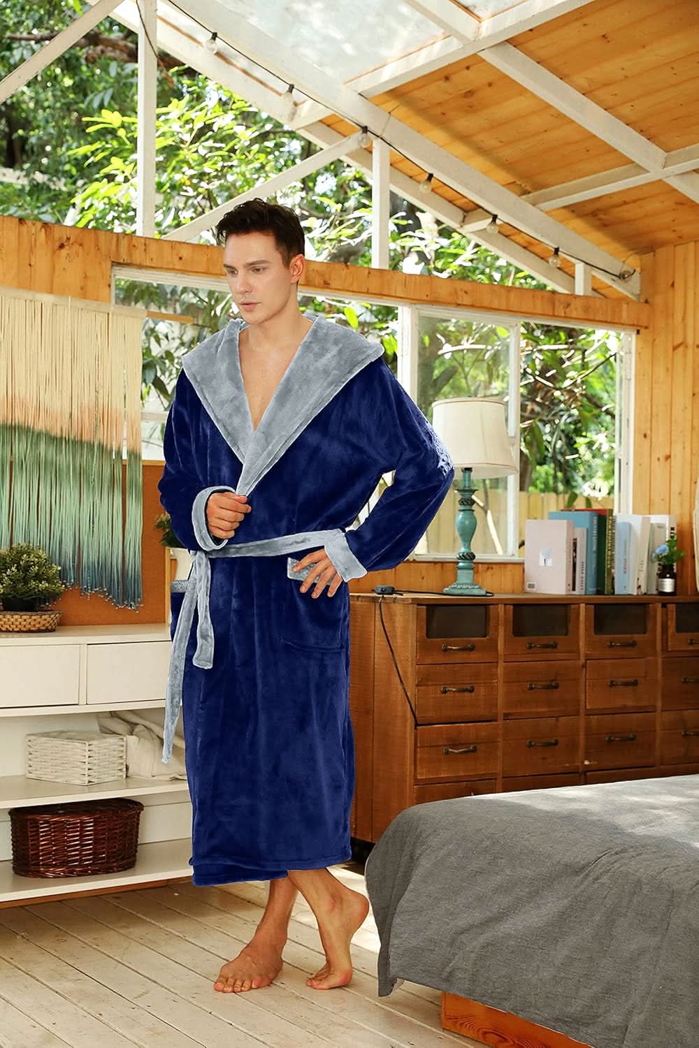 Fleece badjas voor heren met capuchon, ceintuur en zakken