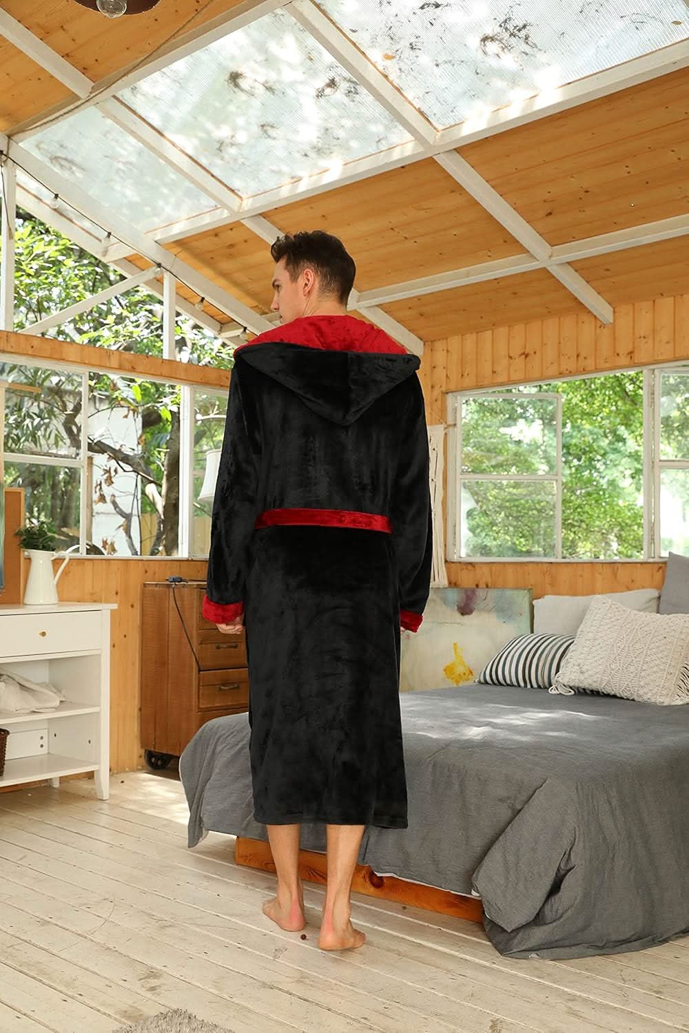 Fleece badjas voor heren met capuchon, ceintuur en zakken