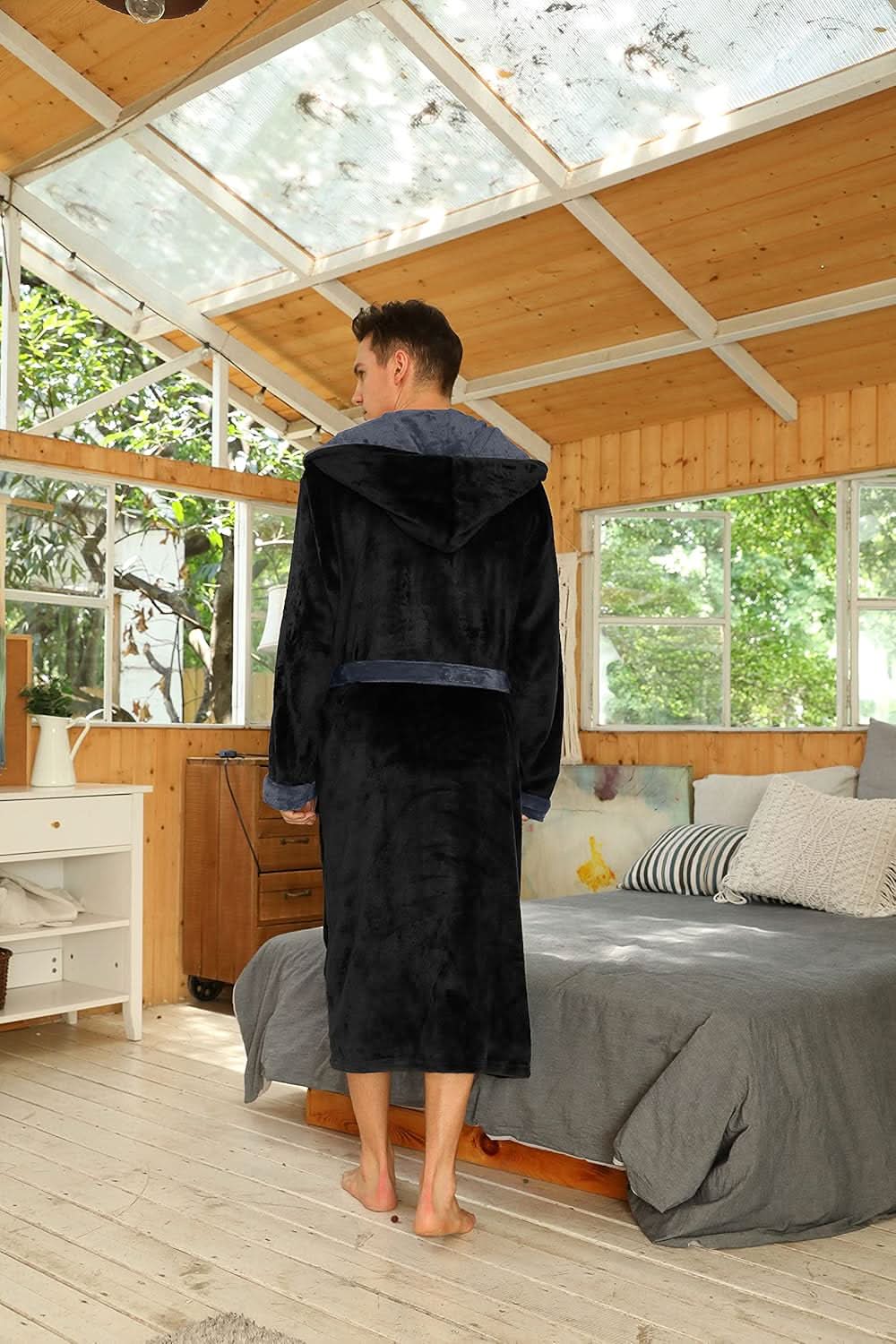 Fleece badjas voor heren met capuchon, ceintuur en zakken