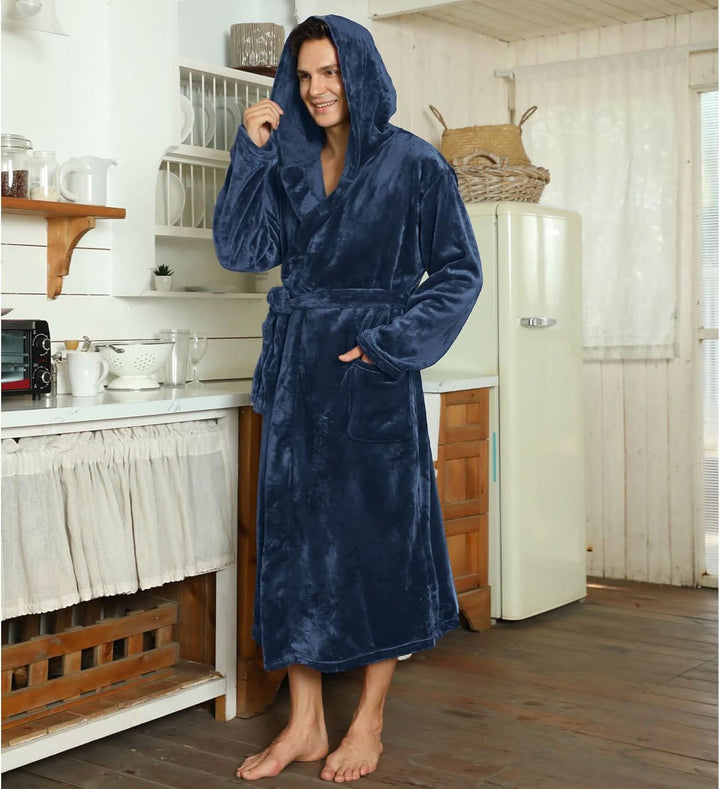 Fleece badjas voor heren met capuchon, ceintuur en zakken