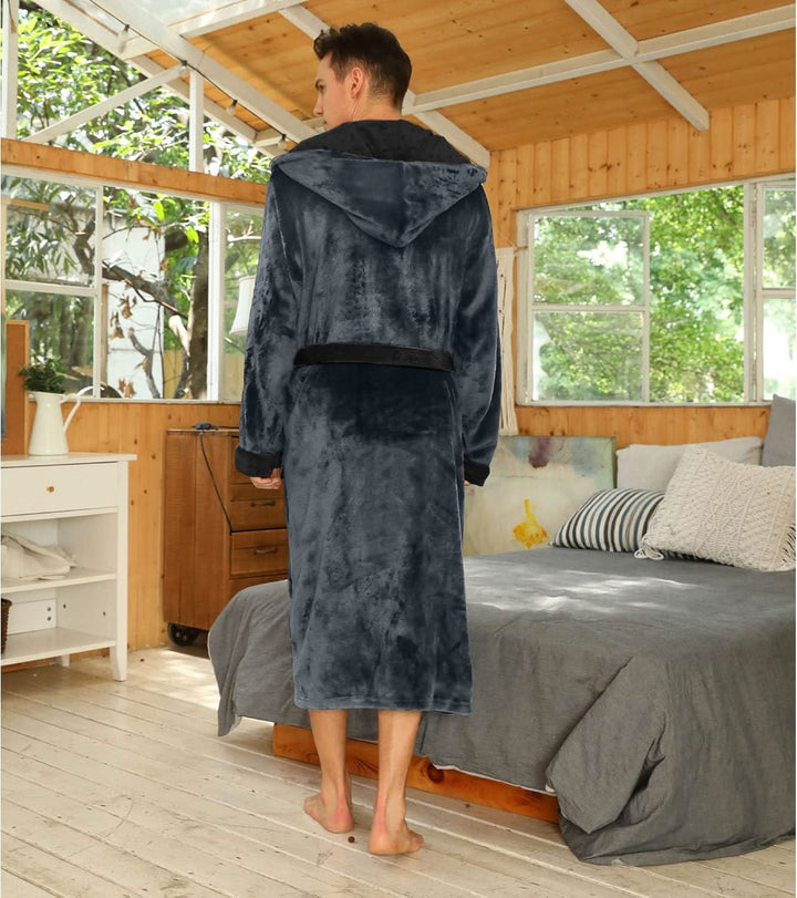 Fleece badjas voor heren met capuchon, ceintuur en zakken