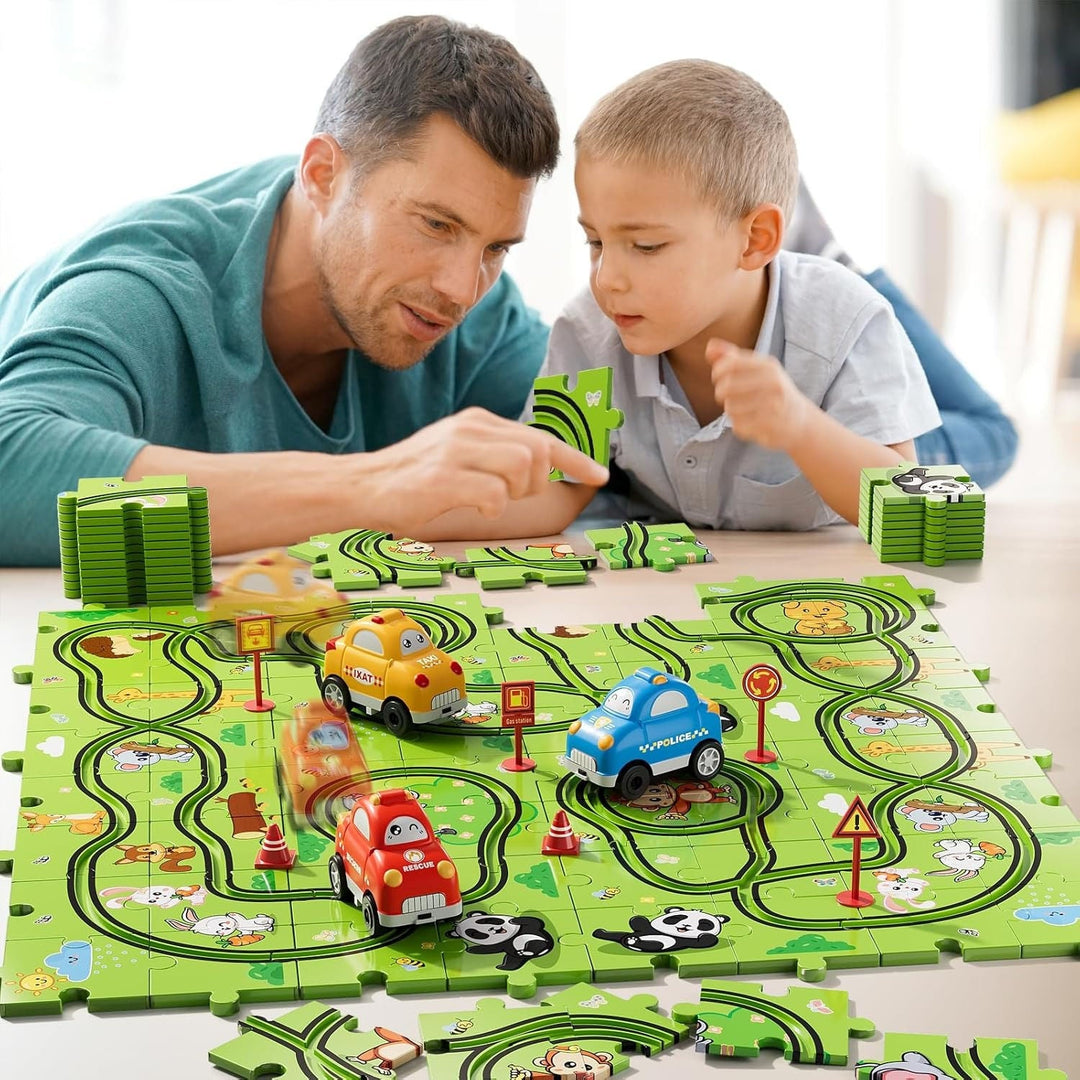 Puzzel racebaan met dierenmotief en twee auto&