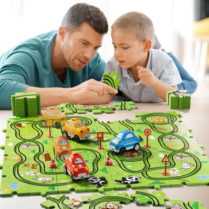 Puzzel racebaan met dierenmotief en twee auto&