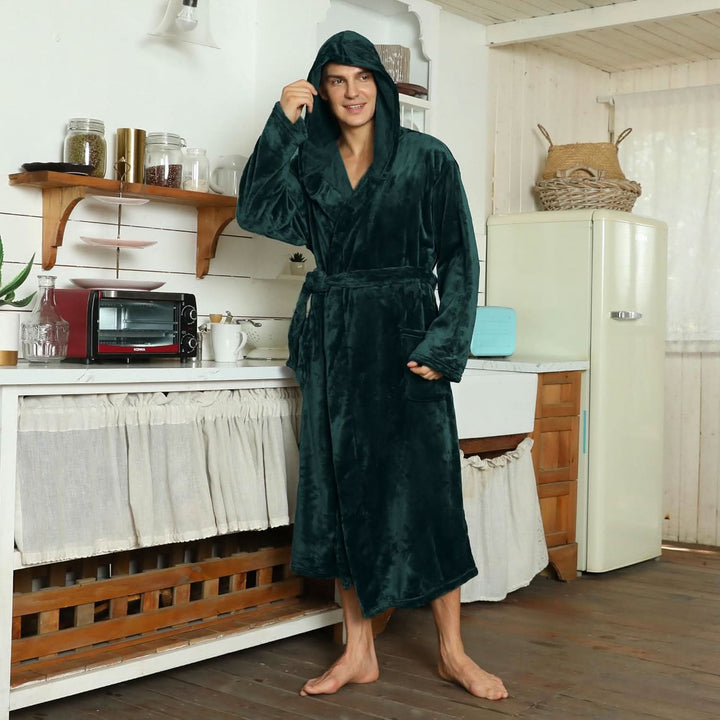 Fleece badjas voor heren met capuchon, ceintuur en zakken