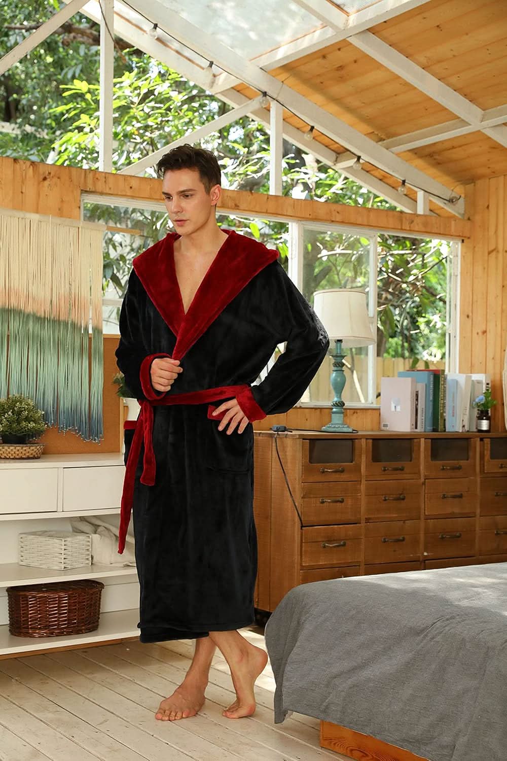 Fleece badjas voor heren met capuchon, ceintuur en zakken