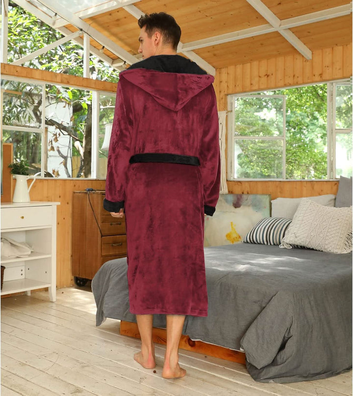 Fleece badjas voor heren met capuchon, ceintuur en zakken